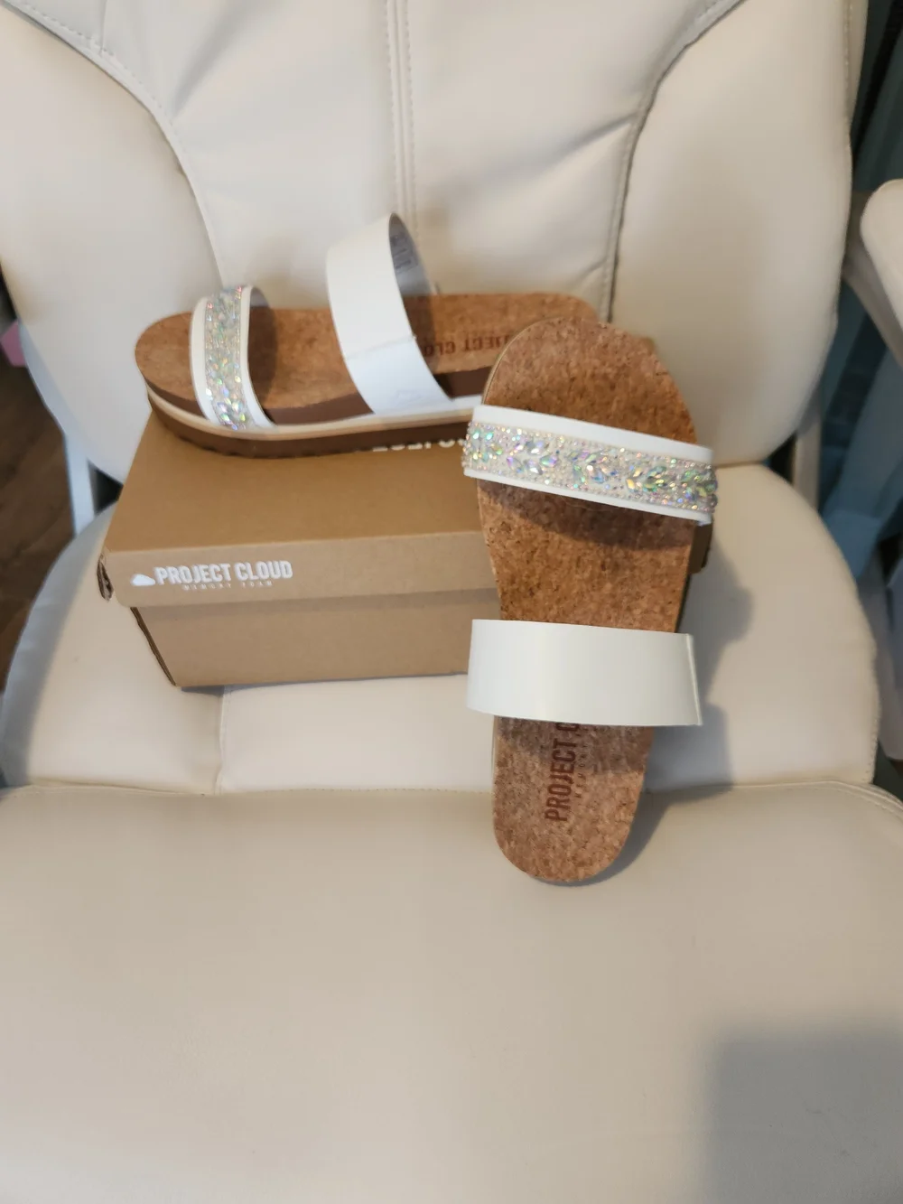Project Cloud White Cork Slide Sandals with Sparkle Strap